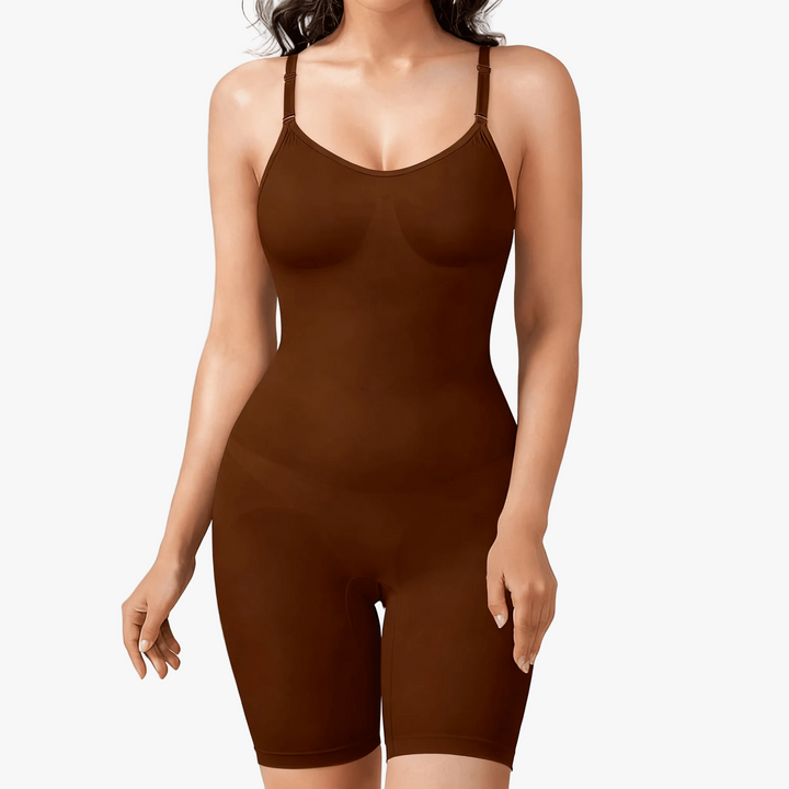 Chocolate compression bodysuit shown against a light backdrop