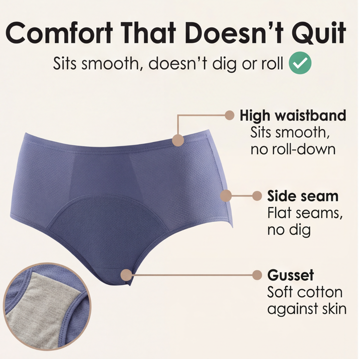 Feature panel with callouts on the waistband, seams and gusset