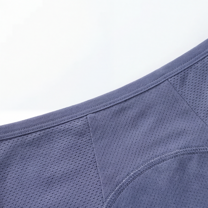 Close-up of the smooth waistband on slate blue briefs