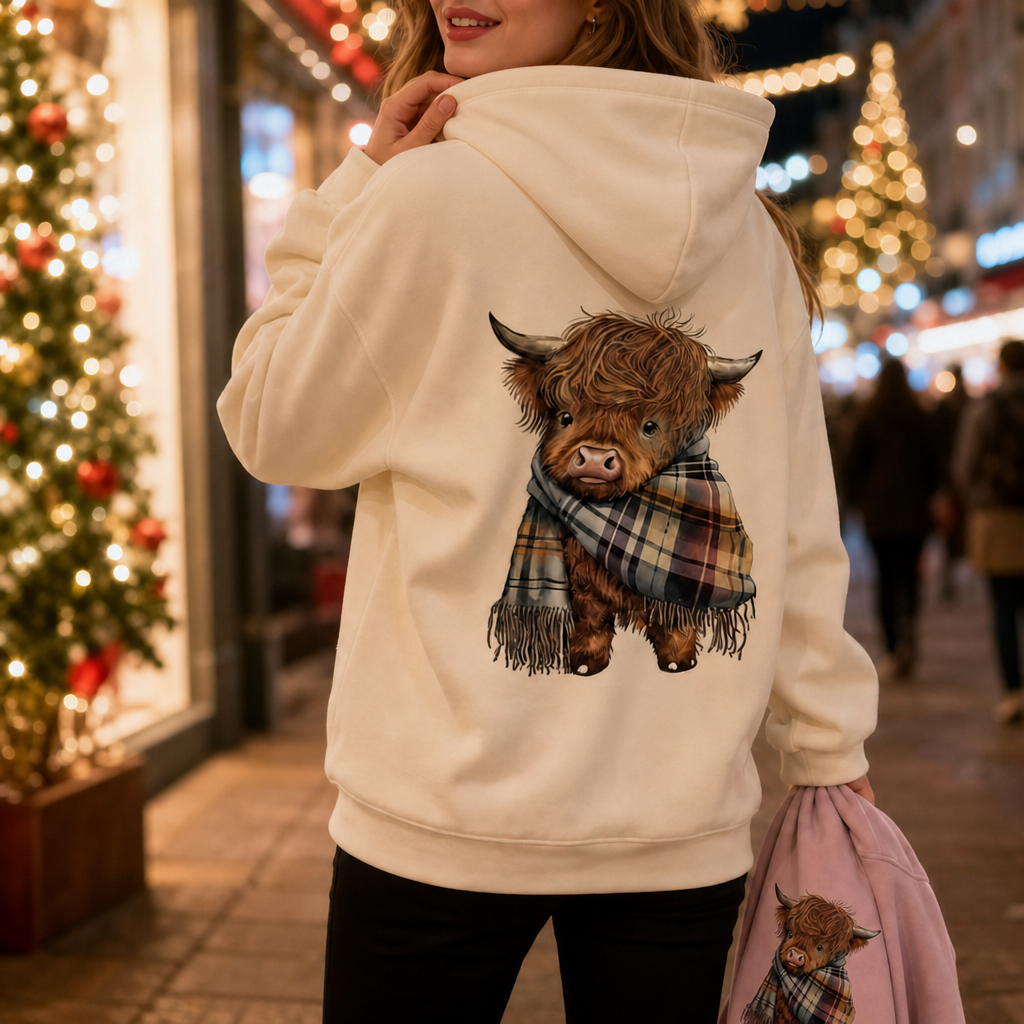 Back view of a cream hoodie with a large highland cow print