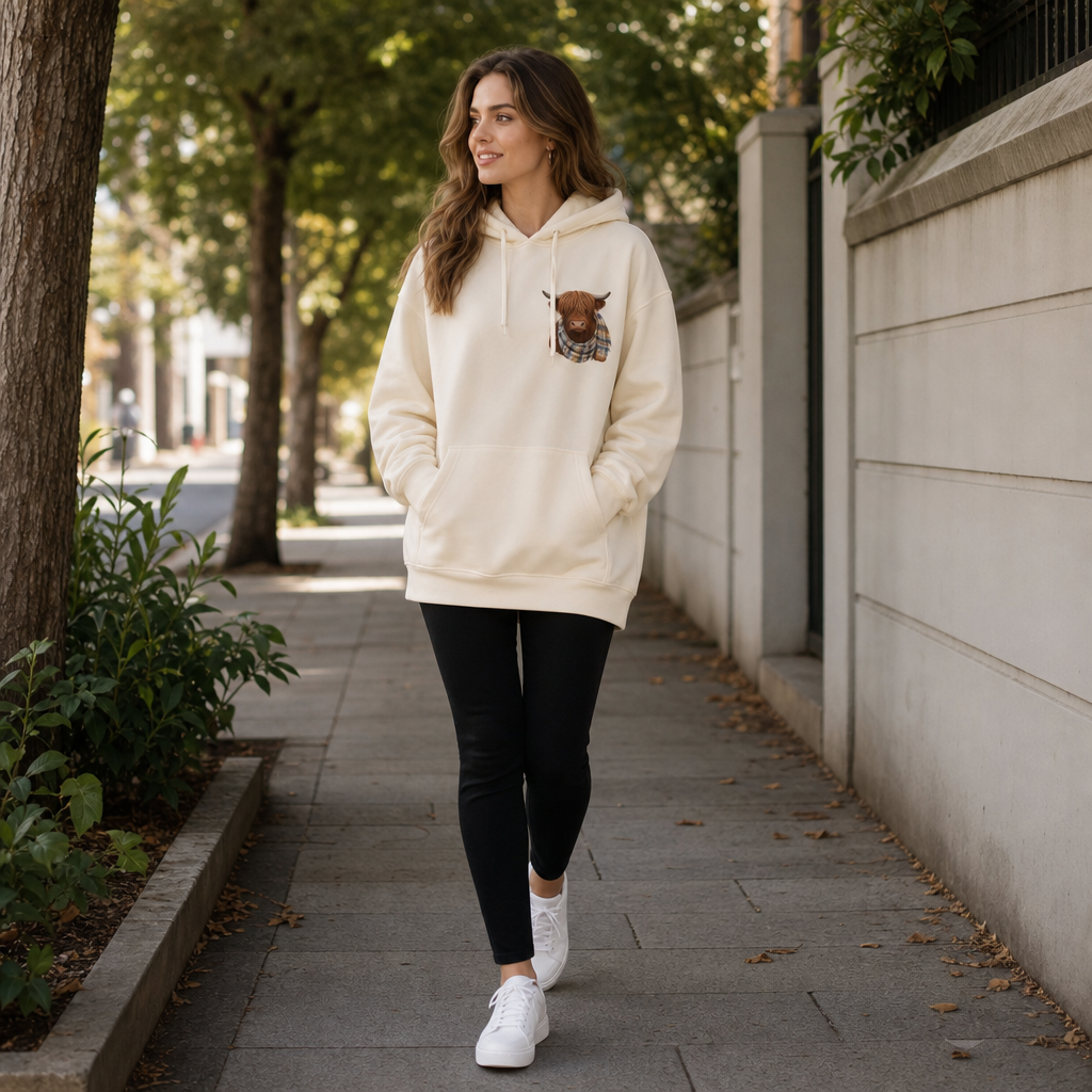 Cream highland cow hoodie worn with leggings on a pavement