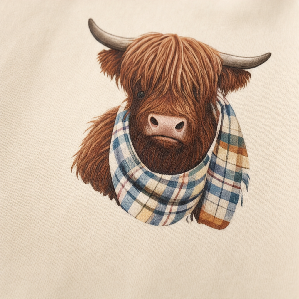 Close up of the highland cow in a tartan scarf print