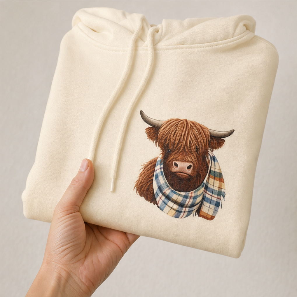 Folded cream hoodie held up to show the highland cow print