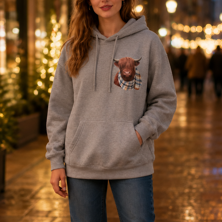 Grey marl hoodie with a highland cow patch print