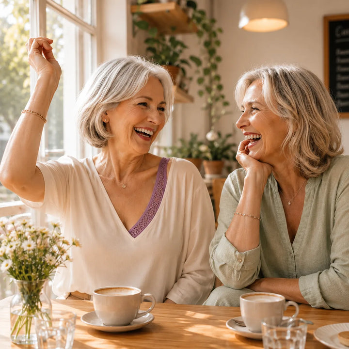 Two women talking over coffee at a sunlit cafe table