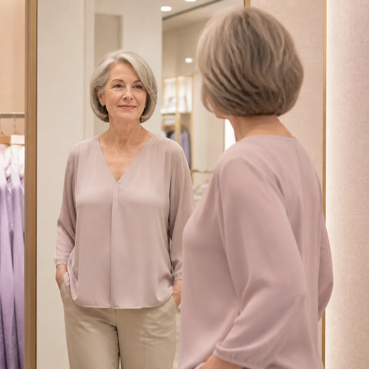 Woman in a blouse and trousers reflected in a shop mirror