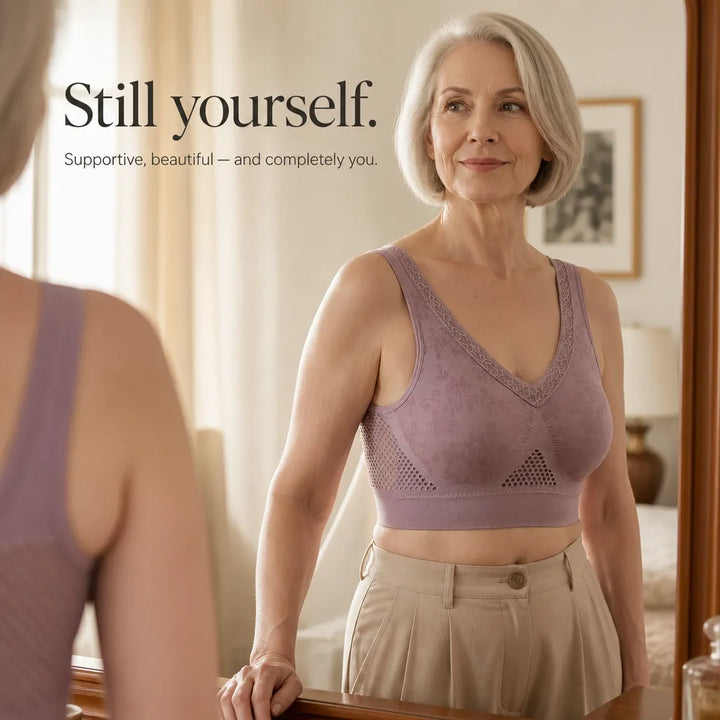 Feature panel of the mauve bra worn with wide trousers