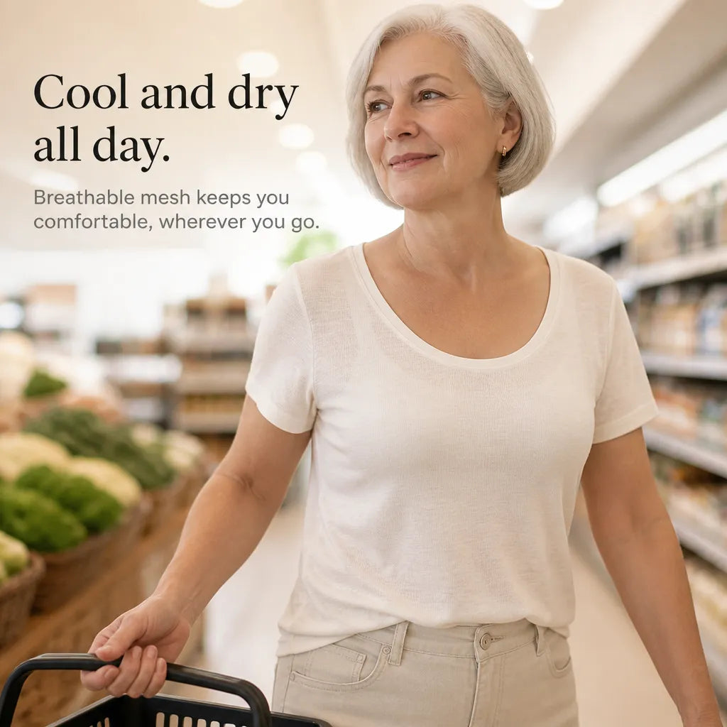 Feature panel of a woman shopping in a white tee