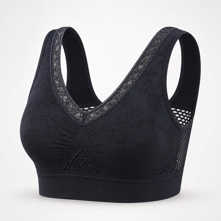 Black honeycomb mesh wireless bra shown on a white backdrop