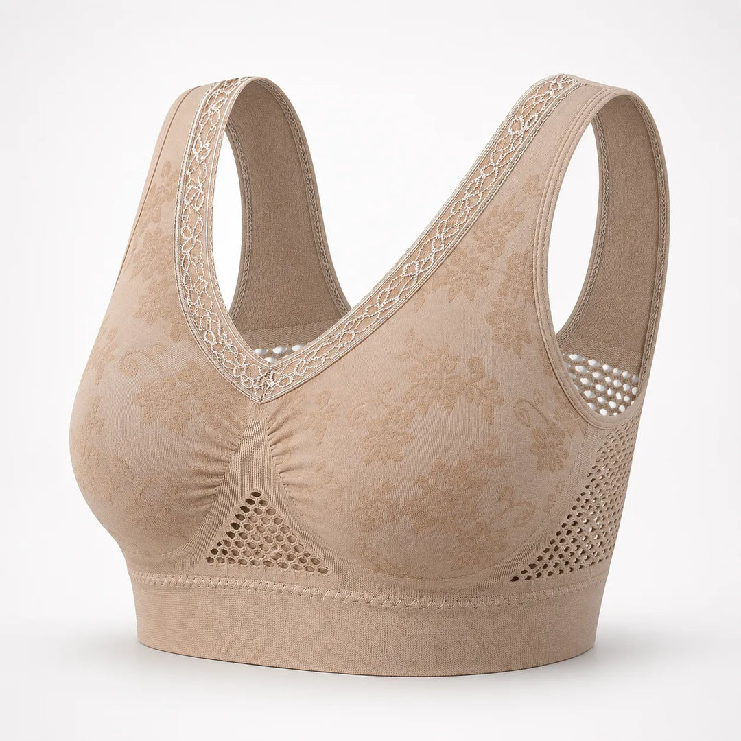 Taupe lace trimmed wireless bra with mesh side panels