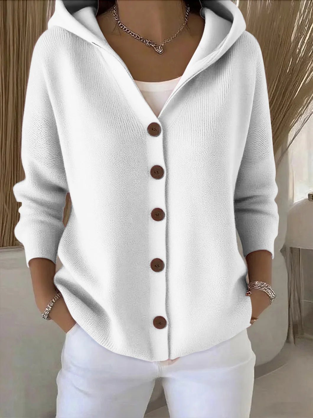 Hooded Button-Front Knit Cardigan