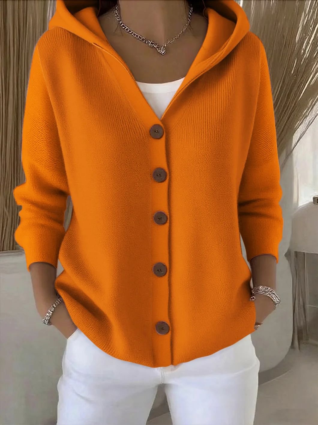 Hooded Button-Front Knit Cardigan