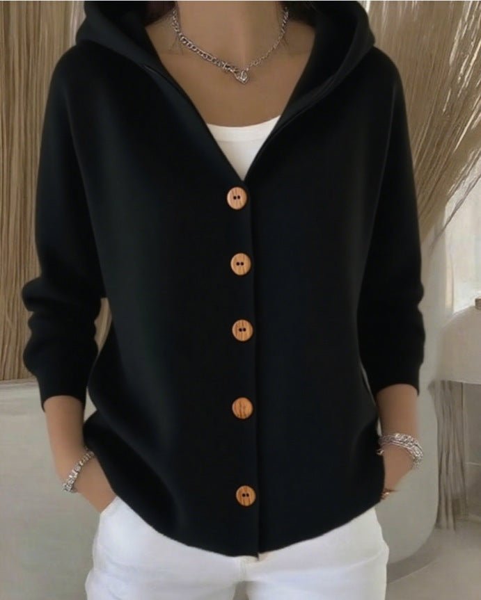 Hooded Button-Front Knit Cardigan
