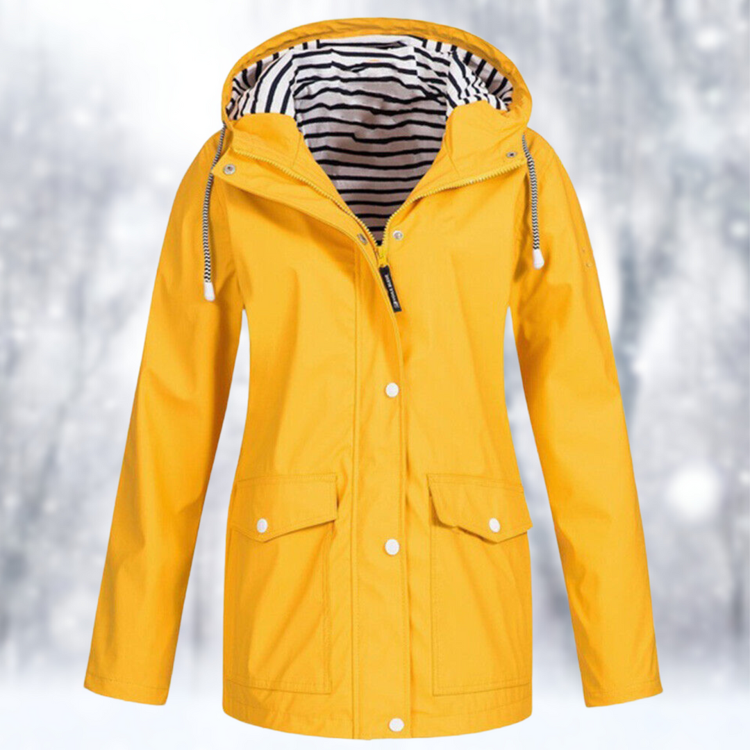 Yellow hooded rain jacket with a striped lining and flap pockets