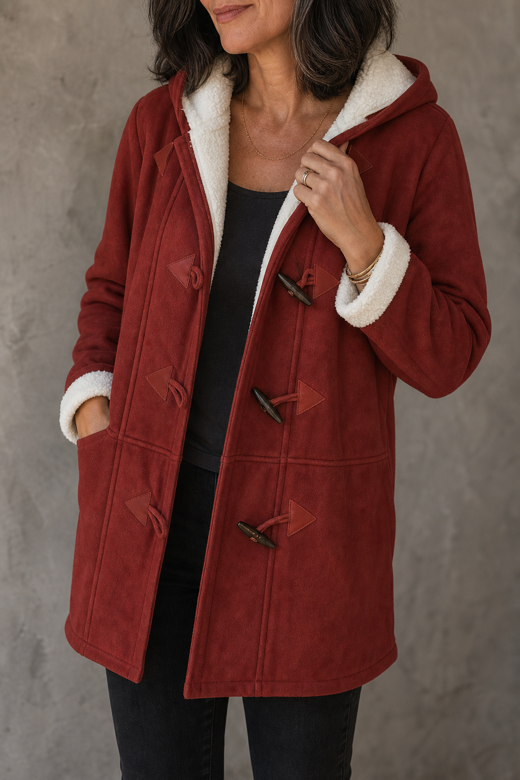 Red faux suede hooded coat with plush cuffs and toggle fastenings