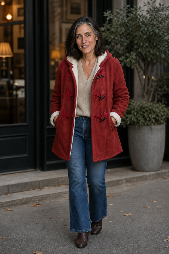 Woman outside a restaurant in a red faux suede hooded coat