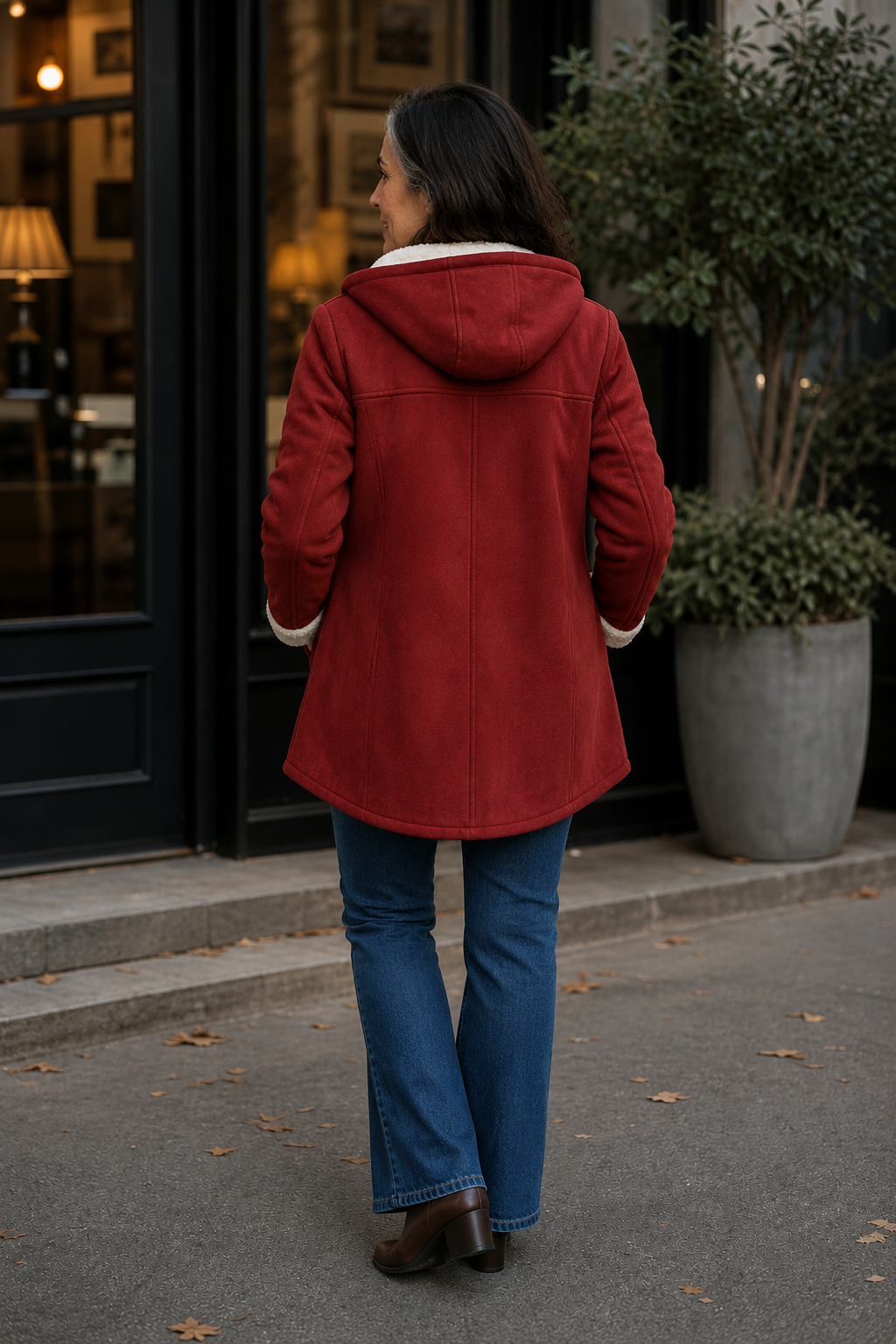 Back view of a red faux suede hooded coat on a pavement