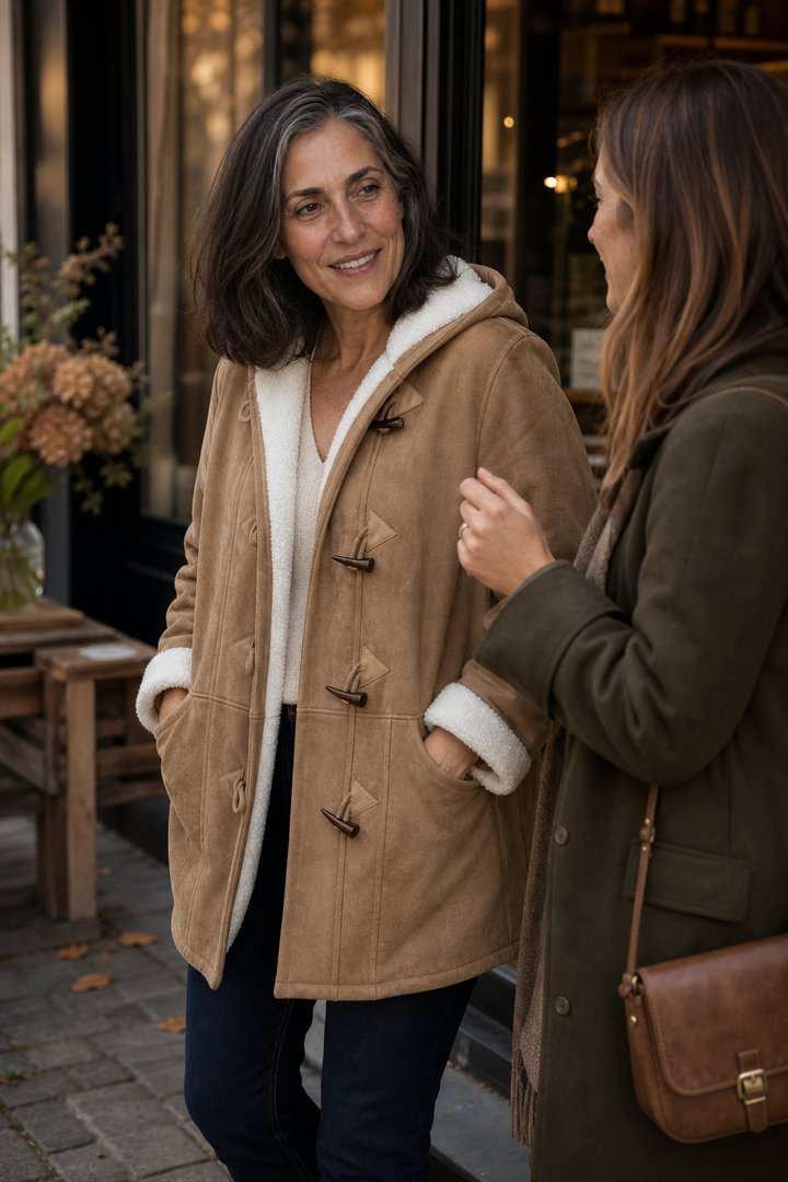 Woman outside a cafe in a camel faux suede toggle coat with plush lining