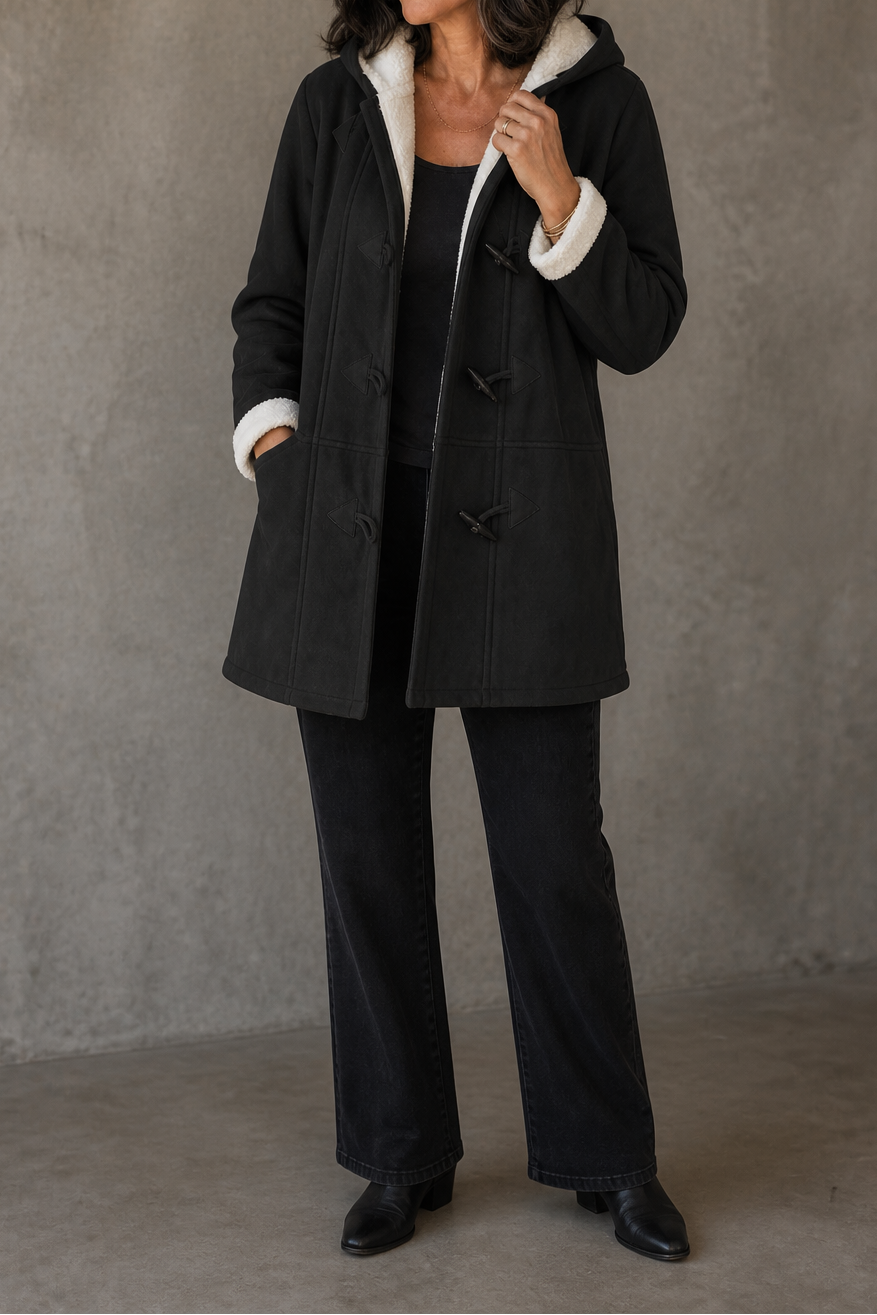 Black faux suede hooded coat with a plush lining