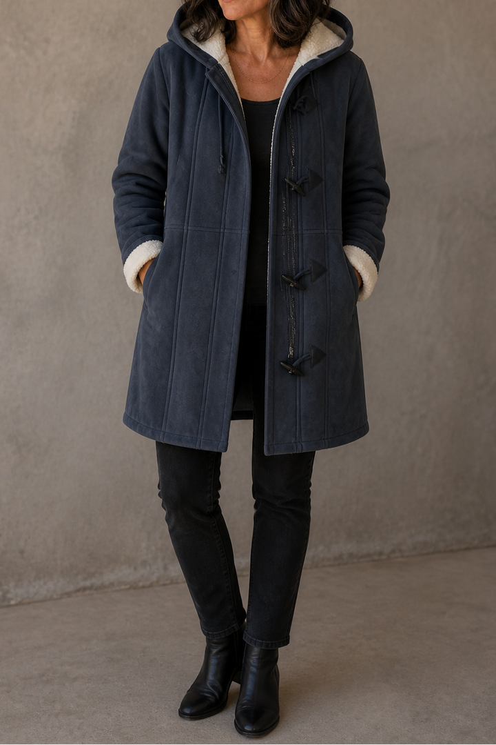 Denim blue faux suede hooded coat with a plush lining