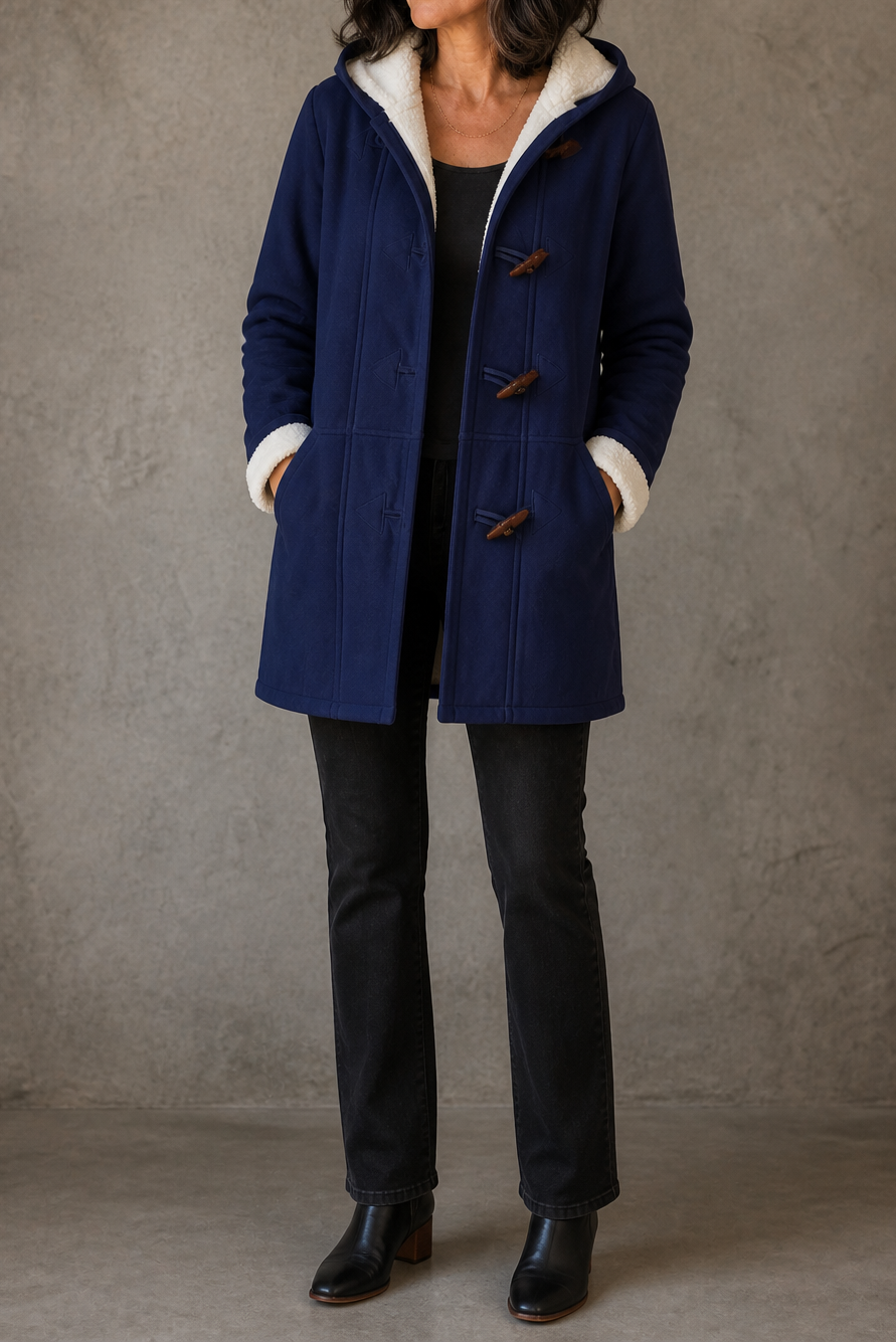 Navy faux suede hooded coat with a plush lining and toggles