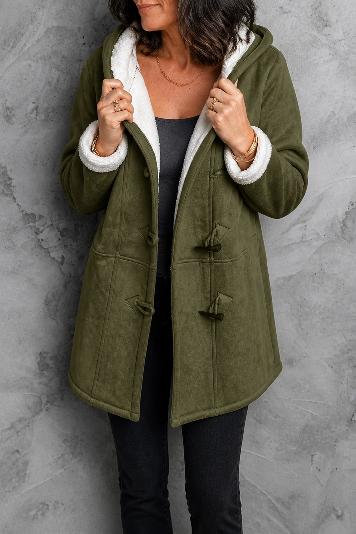 Olive faux suede hooded coat with a plush lining and toggles