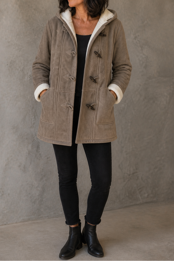 Taupe faux suede hooded coat with a plush lining