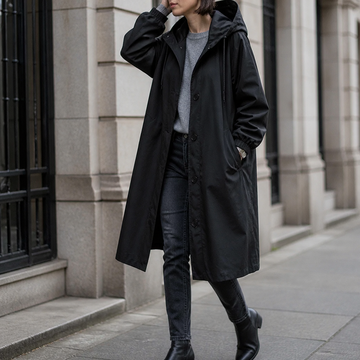 Black hooded longline coat worn with the hood up on a street