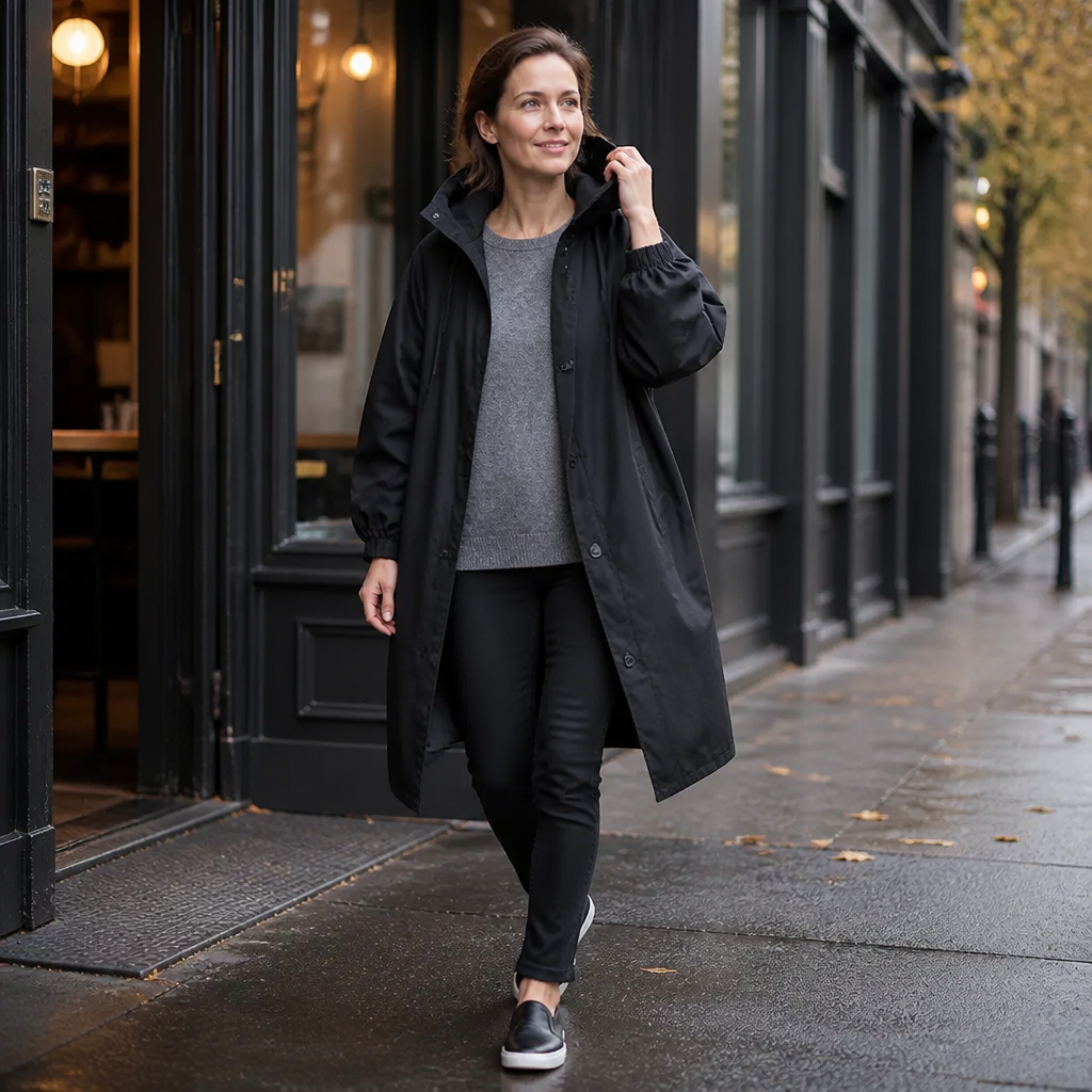 Woman outside a shop in a black hooded longline coat