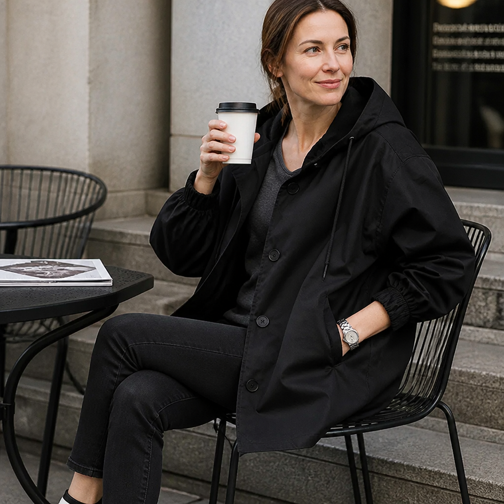 Woman with a coffee at an outdoor table in a black hooded longline coat