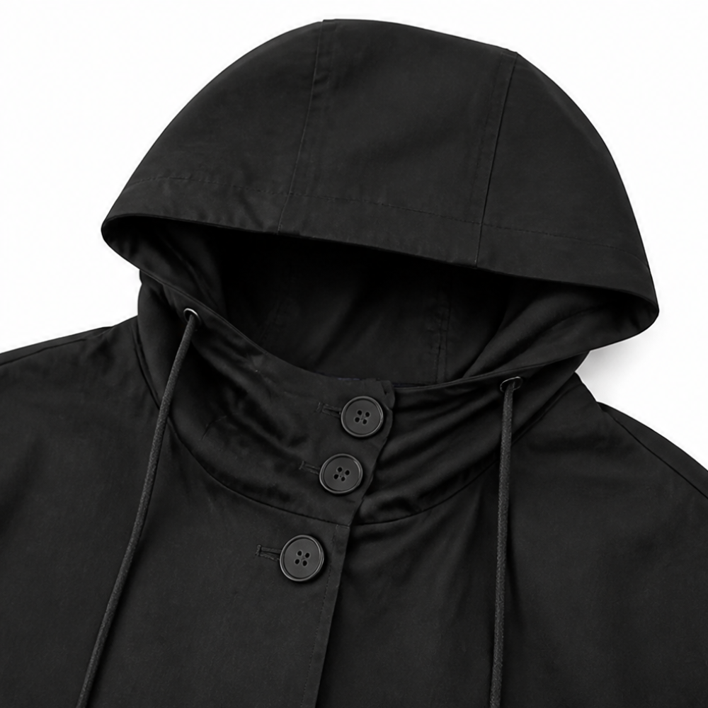 Buttoned funnel collar and drawcord hood on a black coat