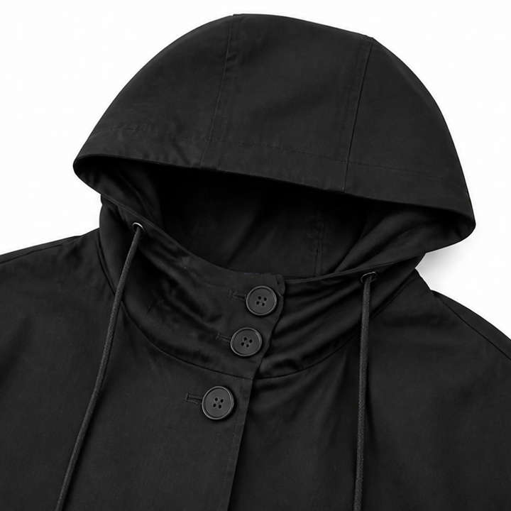 Buttoned funnel collar and drawcord hood on a black coat
