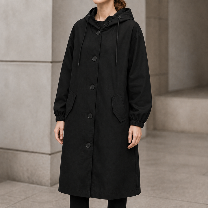 Black hooded longline button front coat with patch pockets
