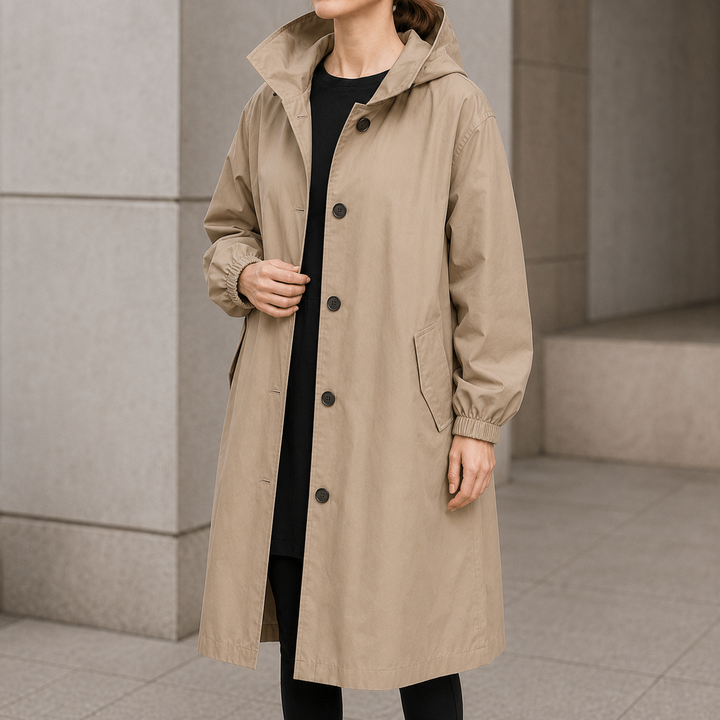 Beige hooded longline button front coat with patch pockets