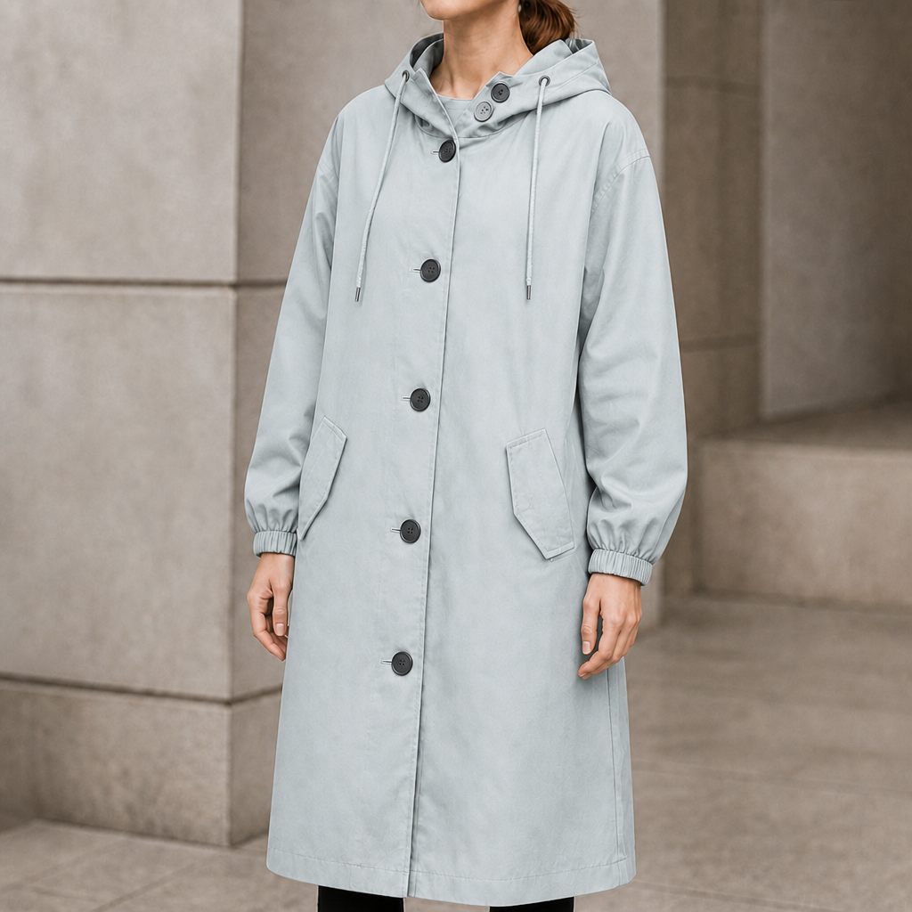 Pale blue hooded longline button front coat with patch pockets
