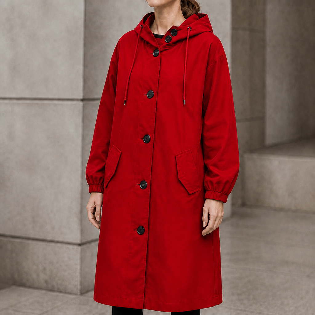 Red hooded longline button front coat with a drawstring hood