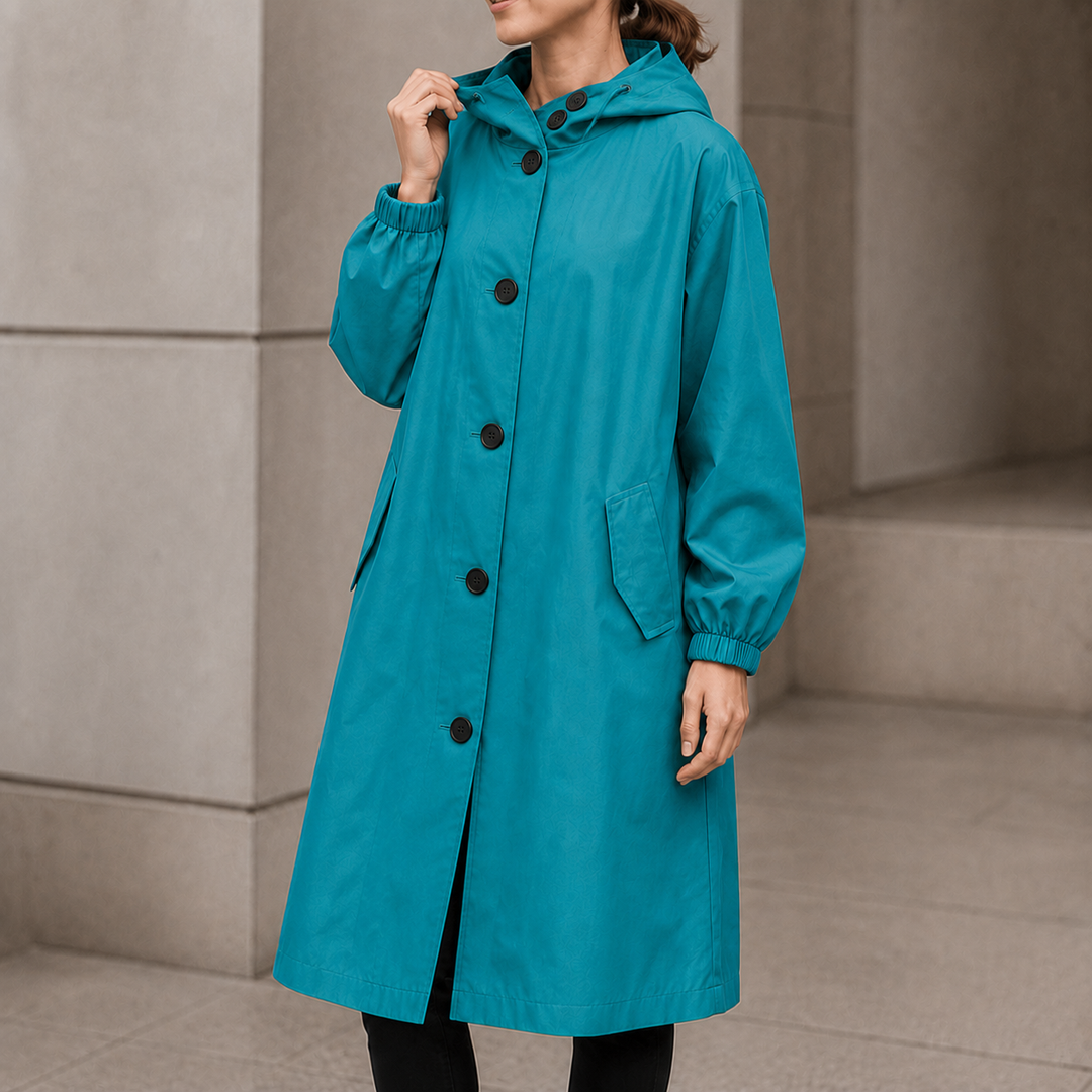 Teal hooded longline button front coat with patch pockets