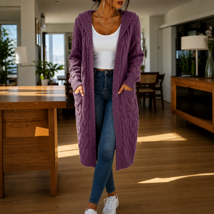 Plum hooded longline cable knit cardigan with patch pockets