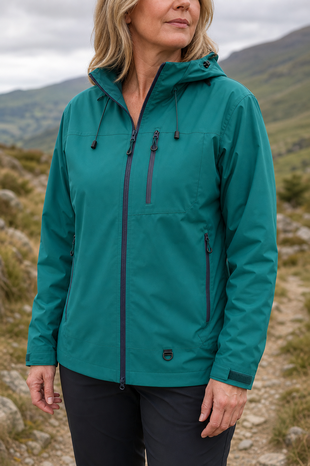 Teal hooded shell jacket worn on a hillside path