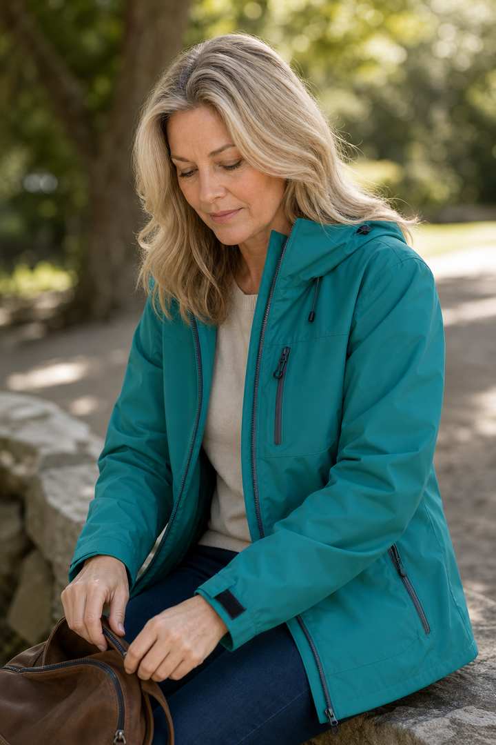 Woman with a bag in a teal hooded waterproof shell jacket