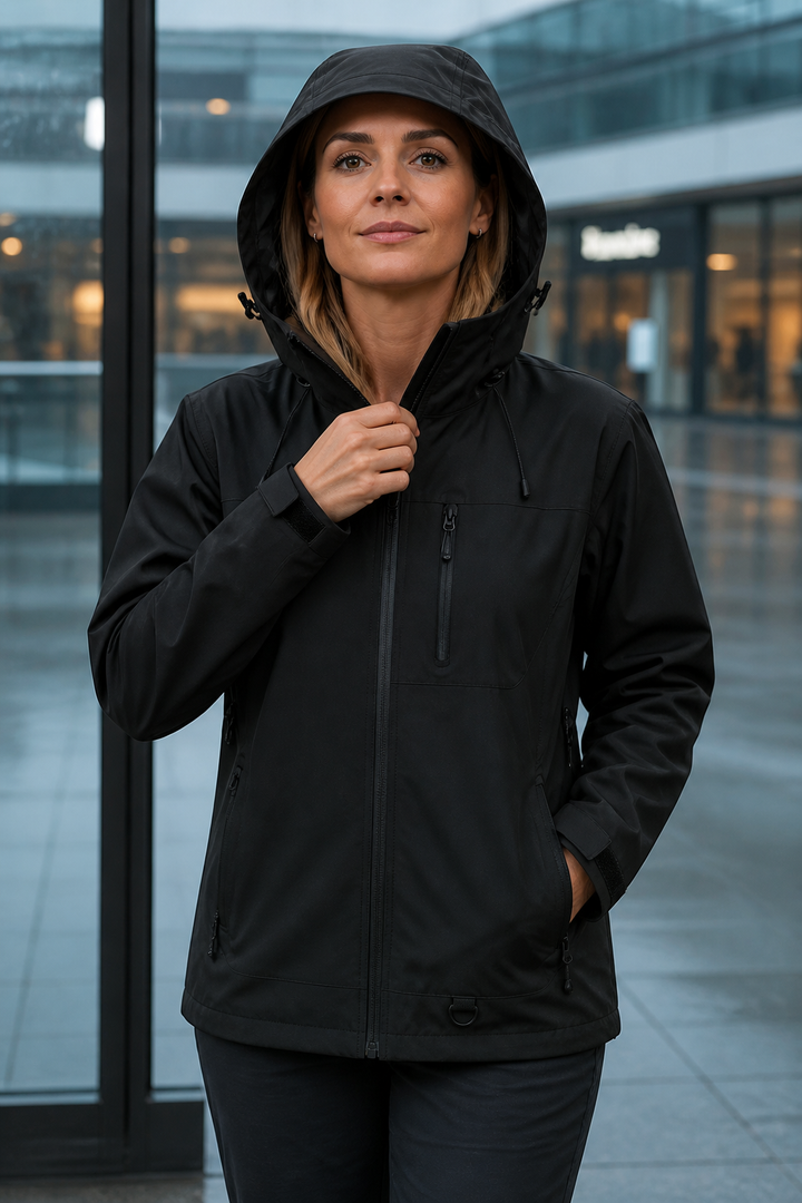 Black hooded waterproof shell jacket with the hood up