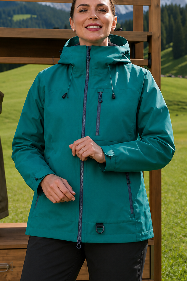 Teal hooded waterproof shell jacket with zip chest pockets