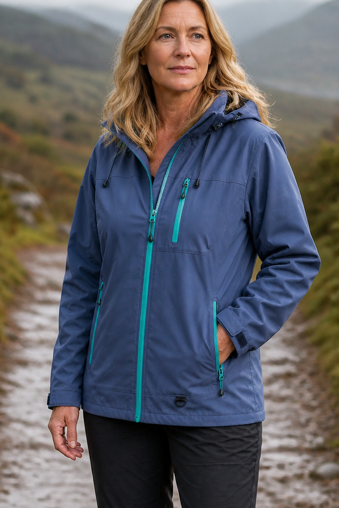 Blue hooded waterproof shell jacket with contrast zips