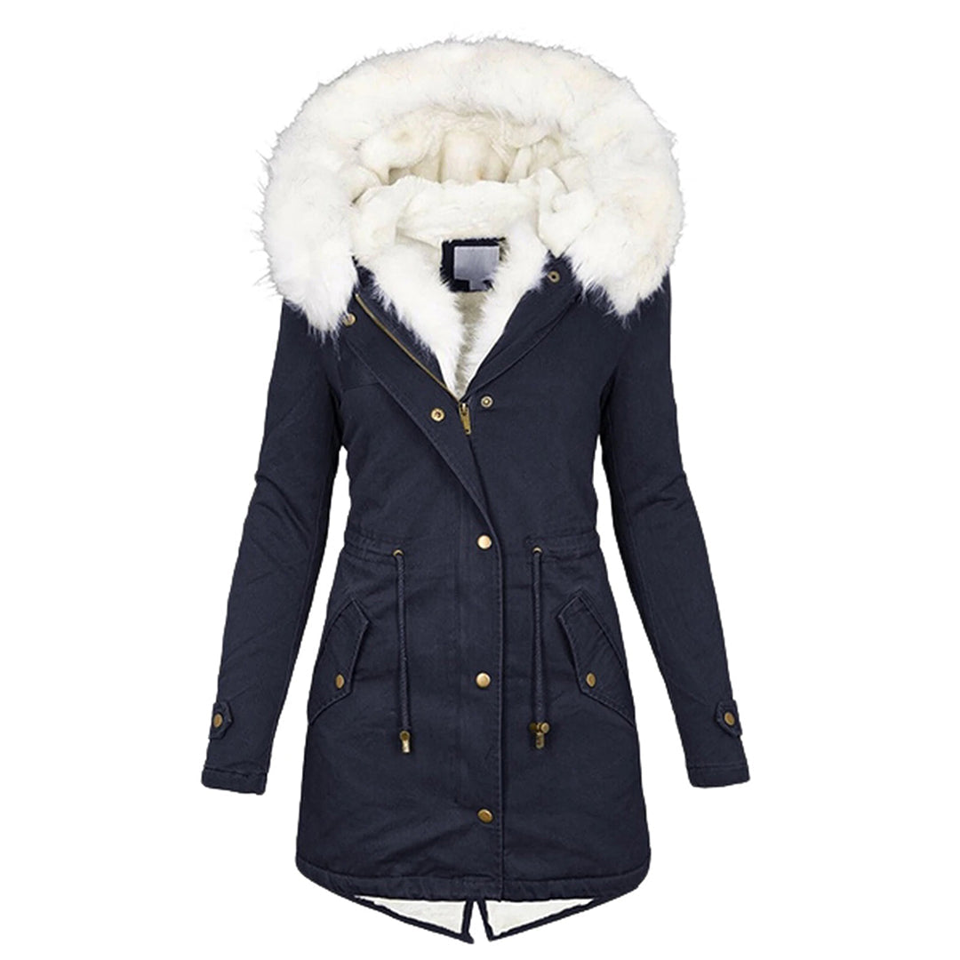 Navy hooded winter parka with a cream faux fur hood trim