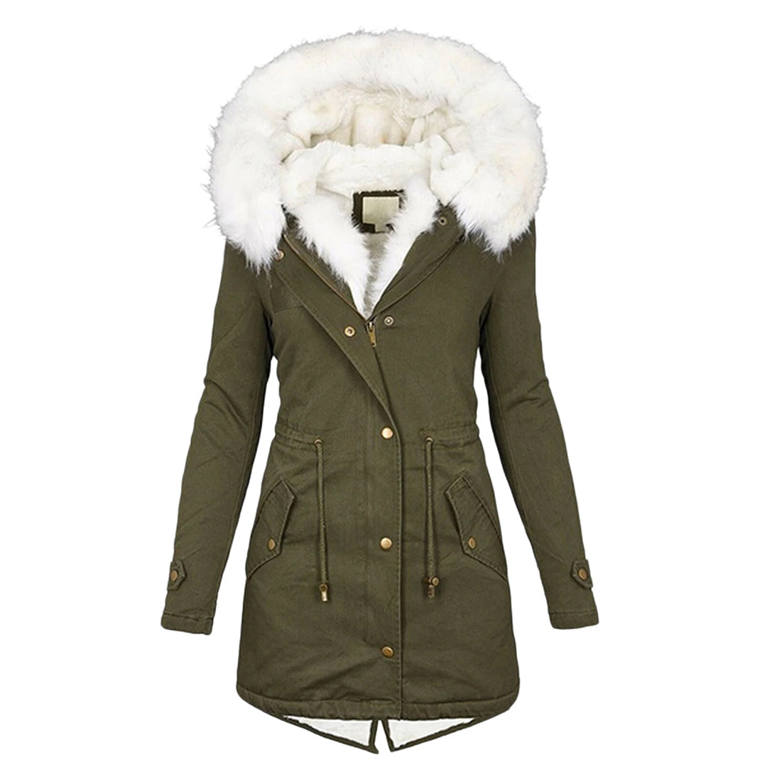 Olive hooded winter parka with a cream faux fur hood trim