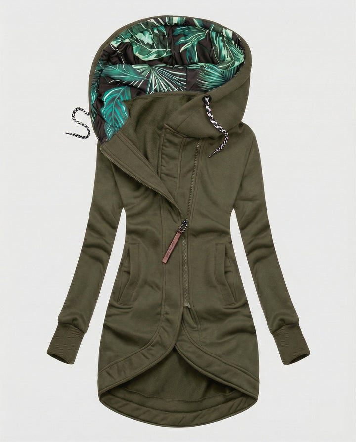 Olive hooded winter coat with an asymmetric zip and leaf print hood