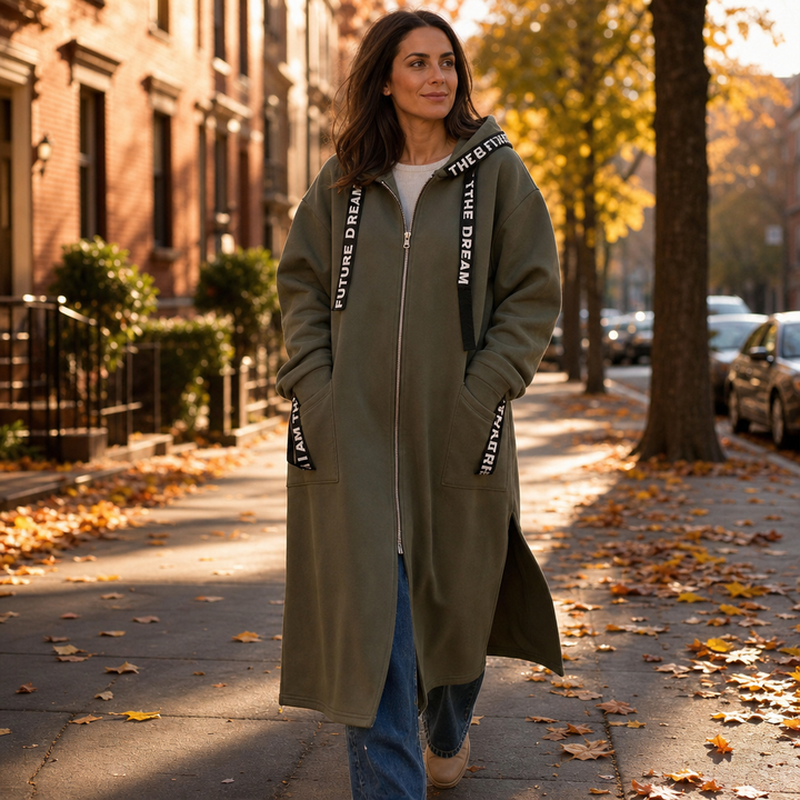 Woman on a tree lined street in an olive knee length hooded coat