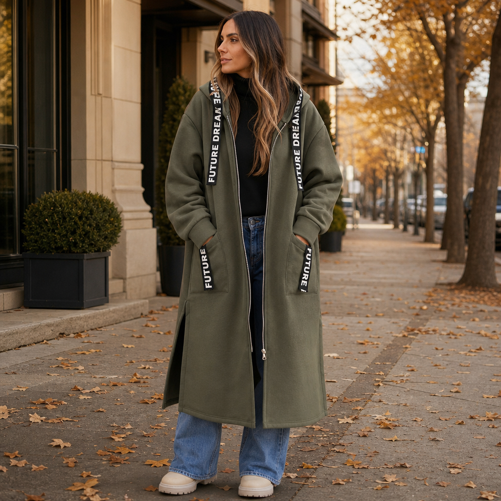 Olive hooded zip coat worn with wide leg jeans on a pavement