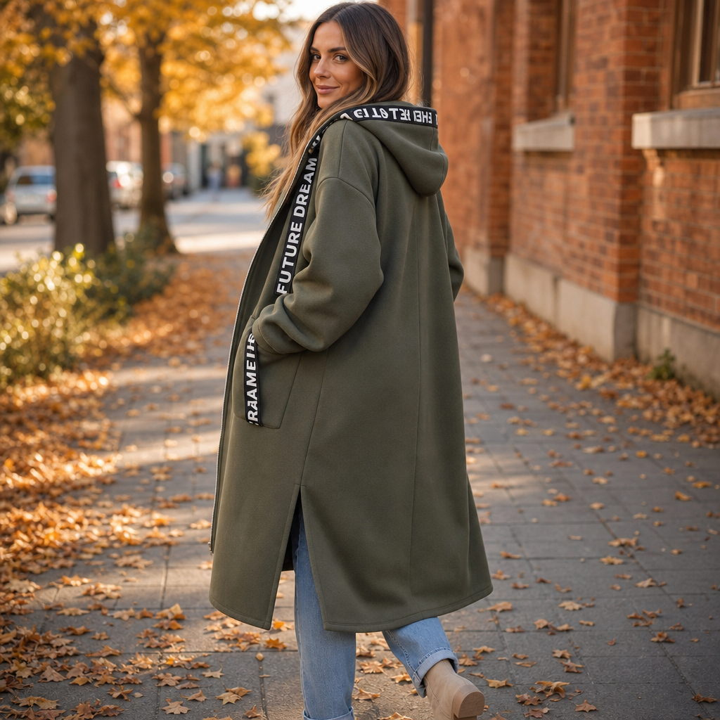 Back view of an olive knee length hooded zip coat