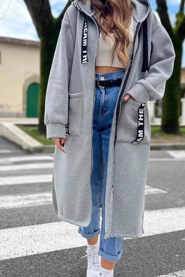 Knee Length Hooded Zip Sweatshirt Coat